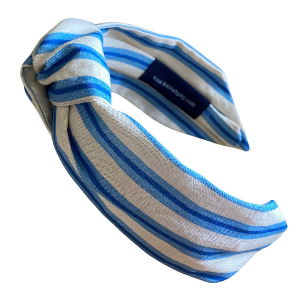Santorini blue ticking stripe -  handmade knotted headband - Kate Whyley -  - #tag1# - #tag2# - #tag3#