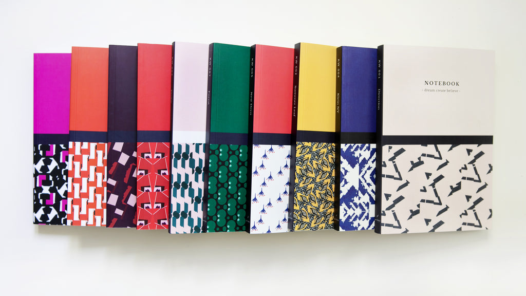 The full Kate Whyley journals collection laid flat on a white surface, with front covers facing upward